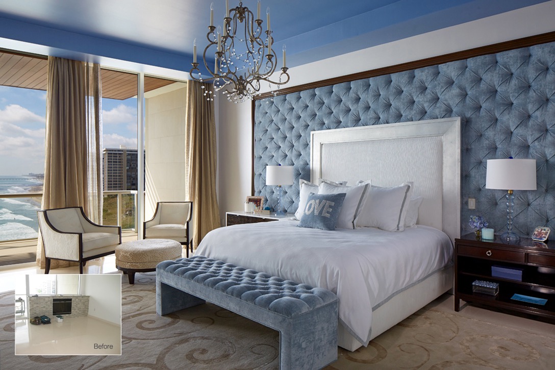 Master bedroom with tufted wall frame custom designed by Beverly Ellsley Design.