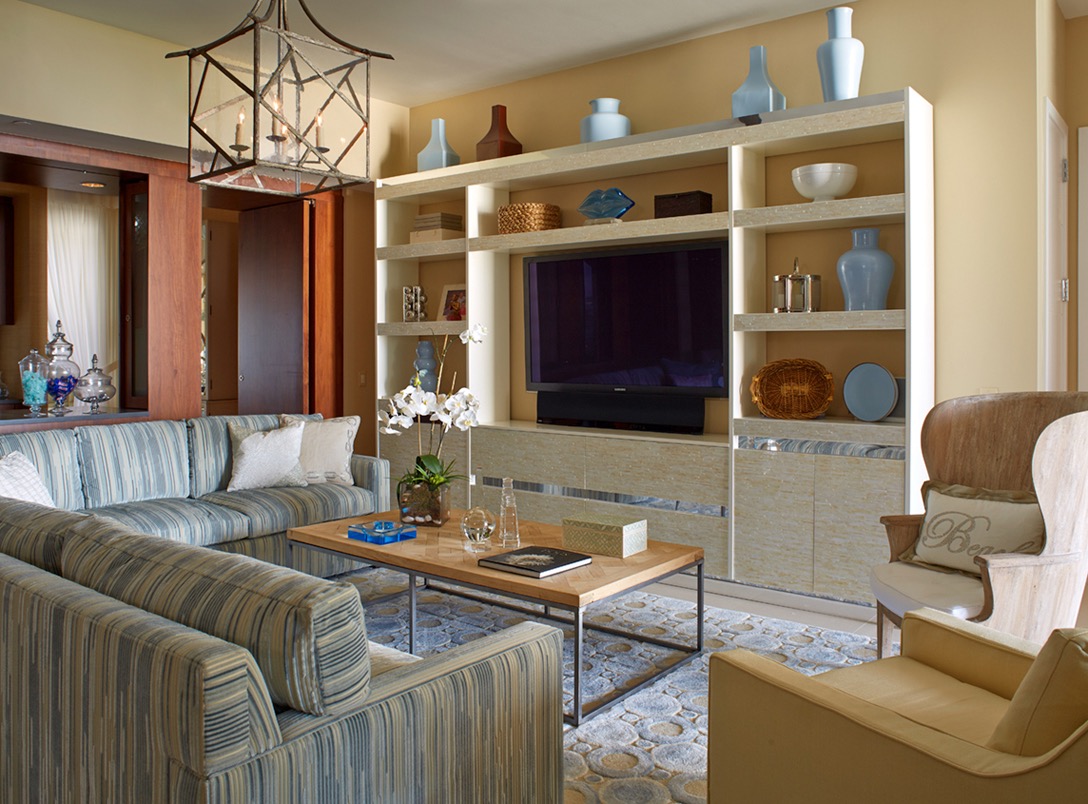 Family room area with custom designed wall cabinet built in by Beverly Ellsley Design.