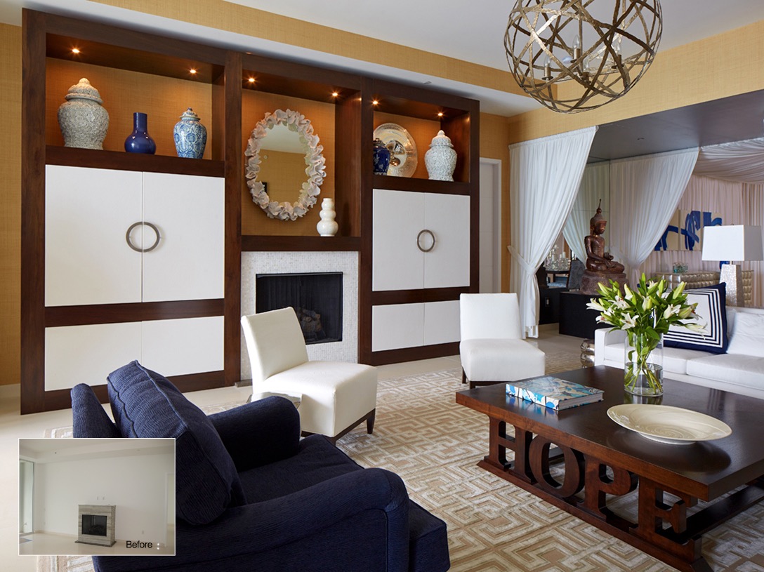 Beverly Ellsley designed the mahogany wall unit with leather covered doors.