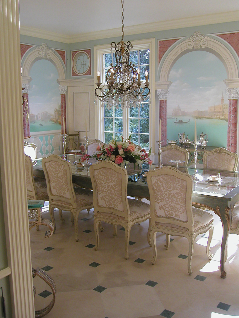 Dining room with custom murals of Venice, custom mirror top dining table. 